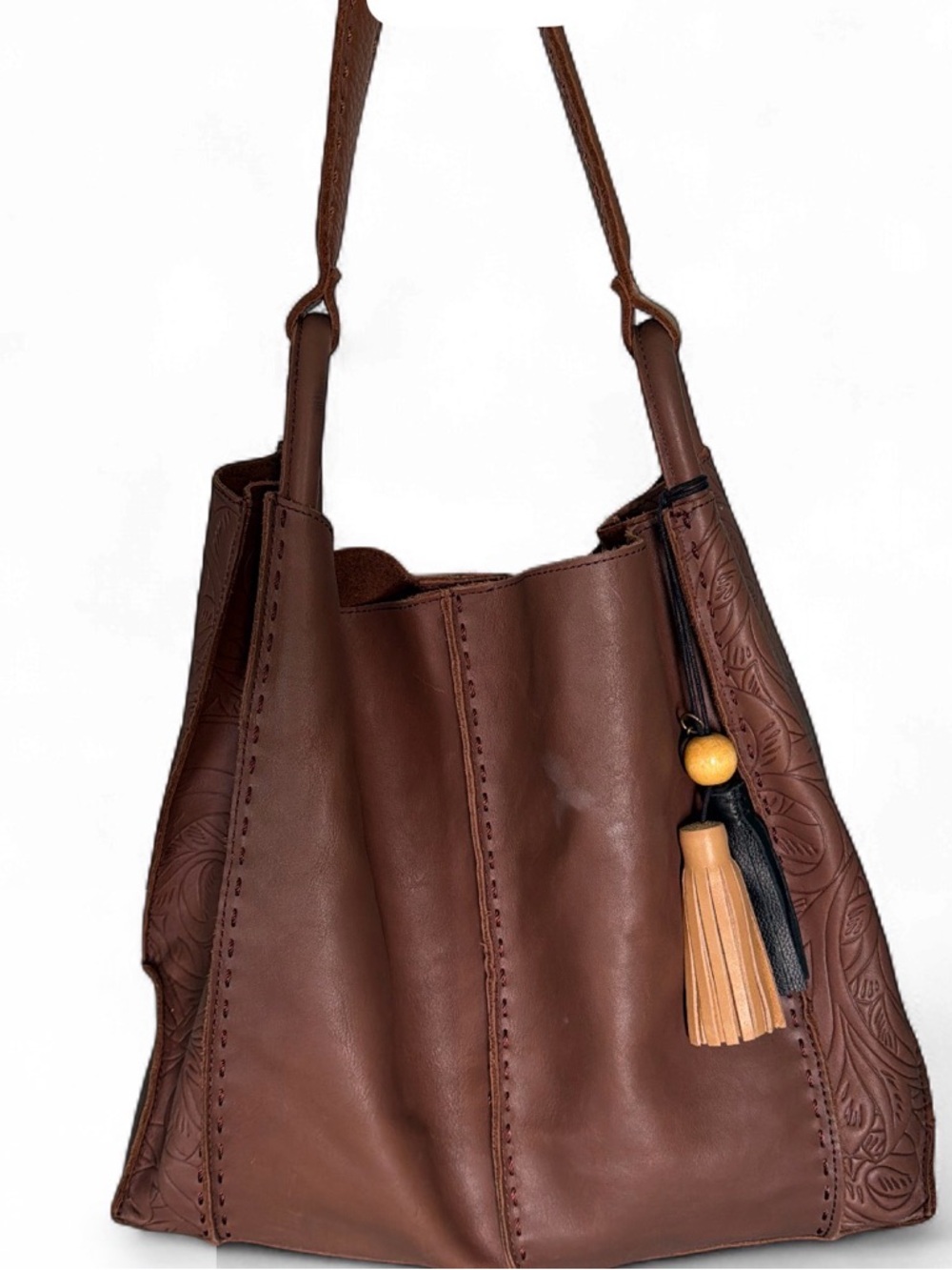 The Sak Los Feliz Large Brown Leather Tote Bag with Tassel Embossed - Picture 2 of 7